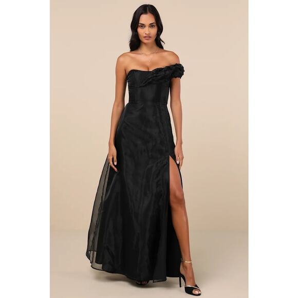 Lulu's Dresses & Skirts - Lulus Dress Small Black Maxi Organza Off Shoulder Ruffle Event Party Sleek Slit